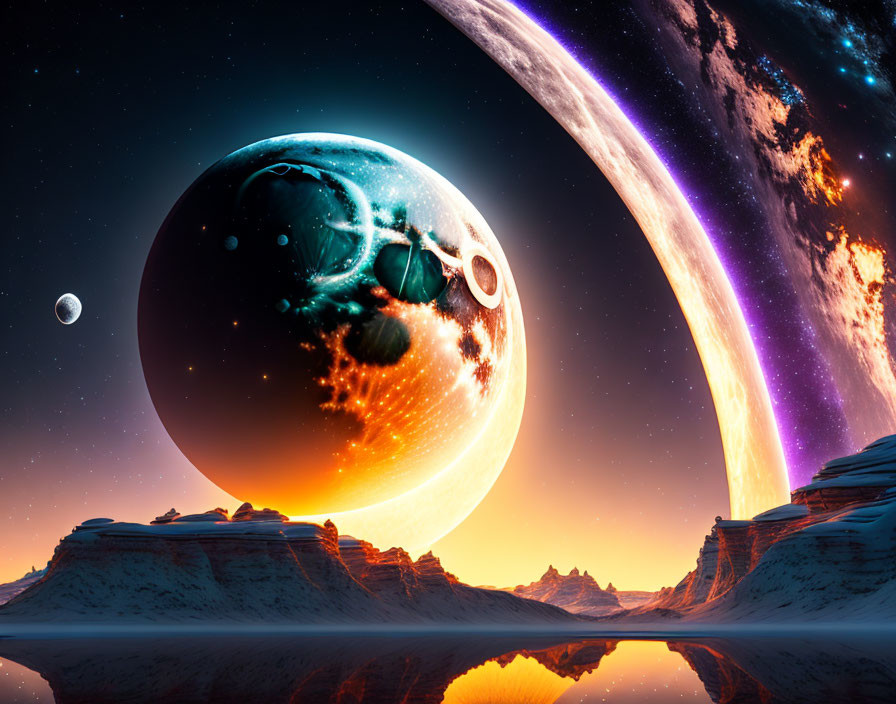 Sci-Fi landscape with planet, moons, ring structure, desert, and water body