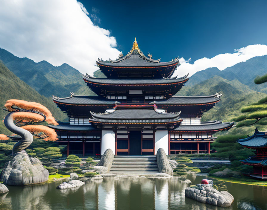 Golden-roofed pagoda in serene pond with misty mountains