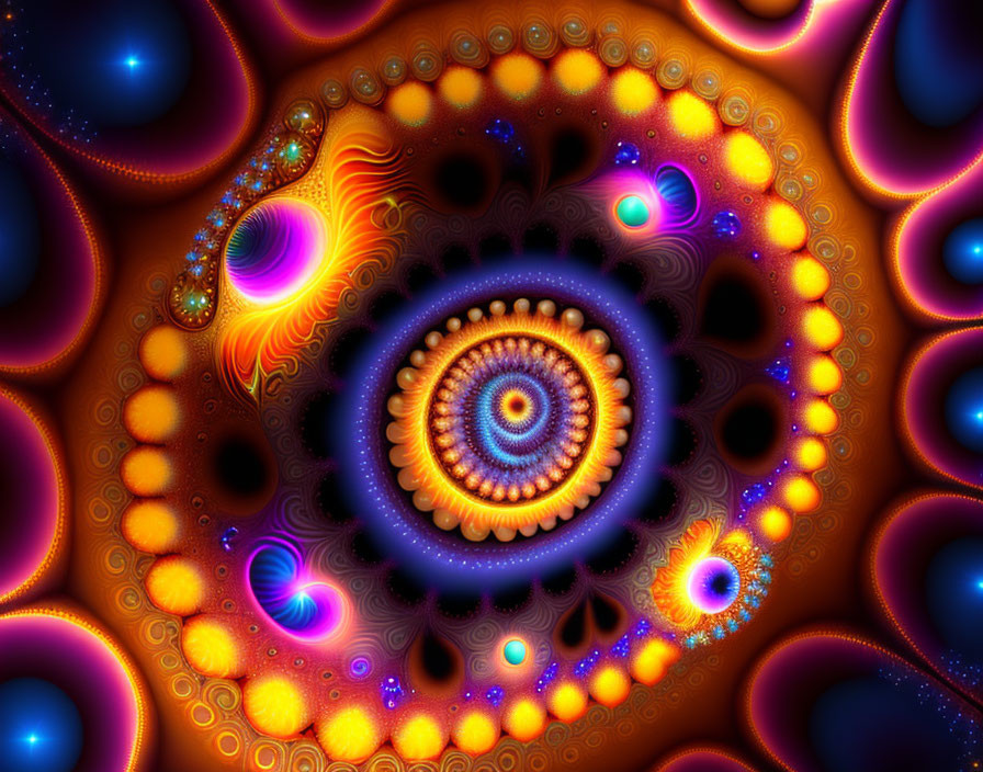 Colorful Circular Fractal Image with Glowing Spirals and Bead-like Patterns