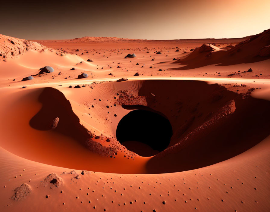 Martian landscape: Red sand, dunes, sinkhole, hazy sky