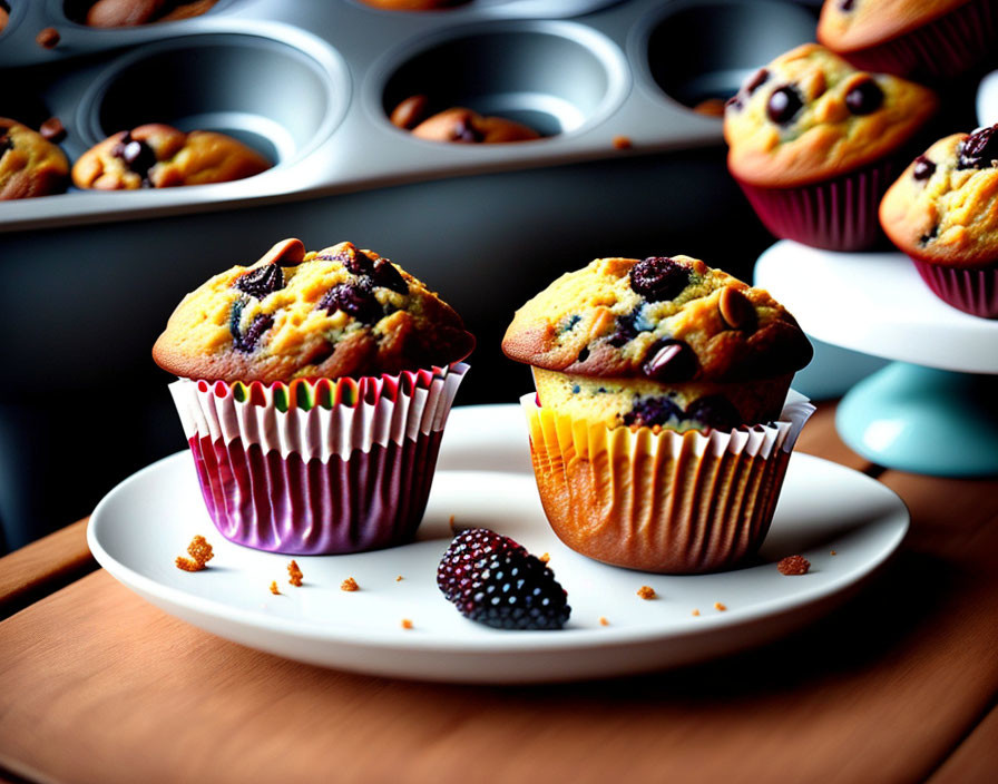 Freshly-Baked Blueberry Muffins on White Plate with Blackberry