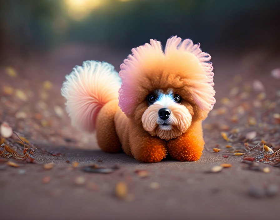 Stylish Toy Poodle with Brown and Orange Fur on Leaf-Strewn Path