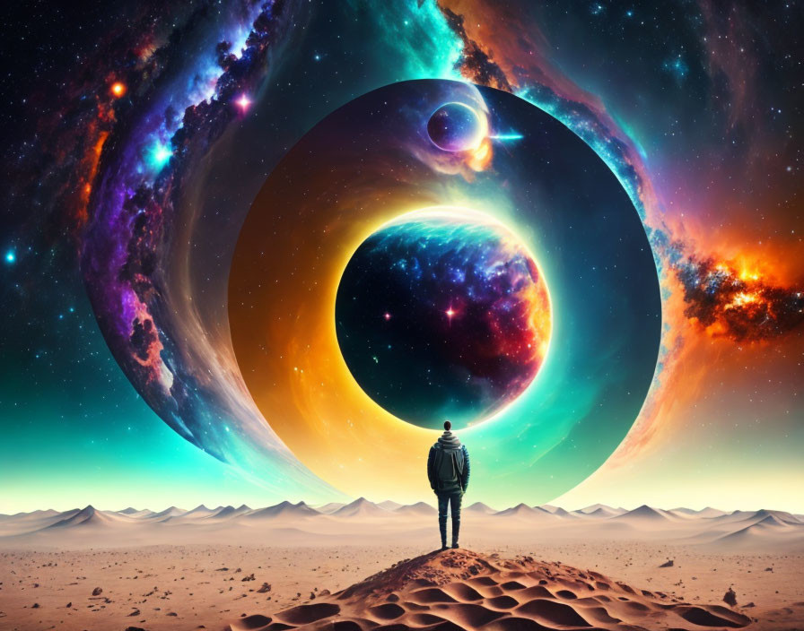 Person gazes at vibrant cosmic scene in desert