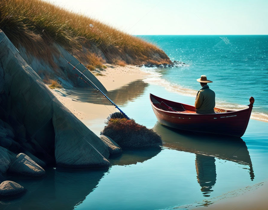 Solitary person in hat sits in red canoe on calm waters near sandy shore.