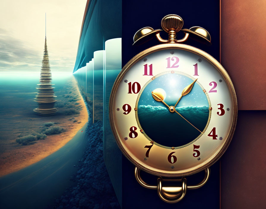 Surreal image: pocket watch with seascape, pagoda, and desert landscape