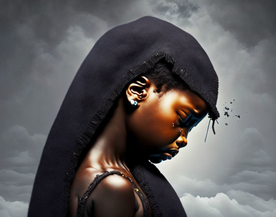 Portrait of person with dark skin in hood against cloudy sky with digital dispersion effect