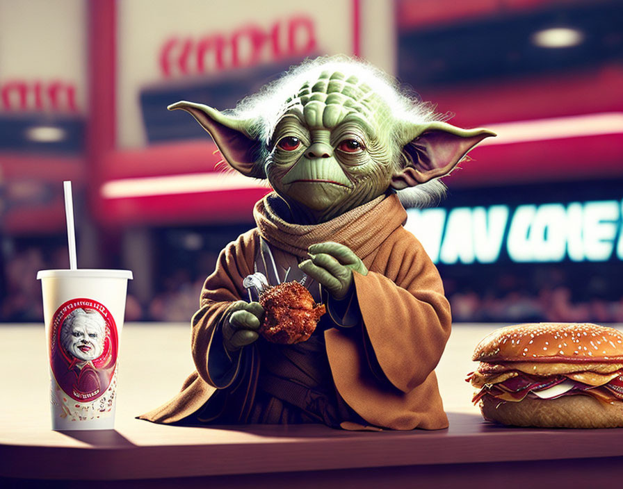 Digital artwork: Yoda with fast-food meal in fast-food setting