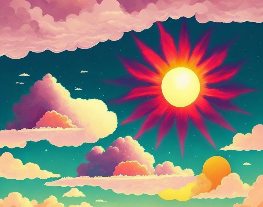 Colorful digital artwork: Whimsical sky with pink clouds and multiple suns