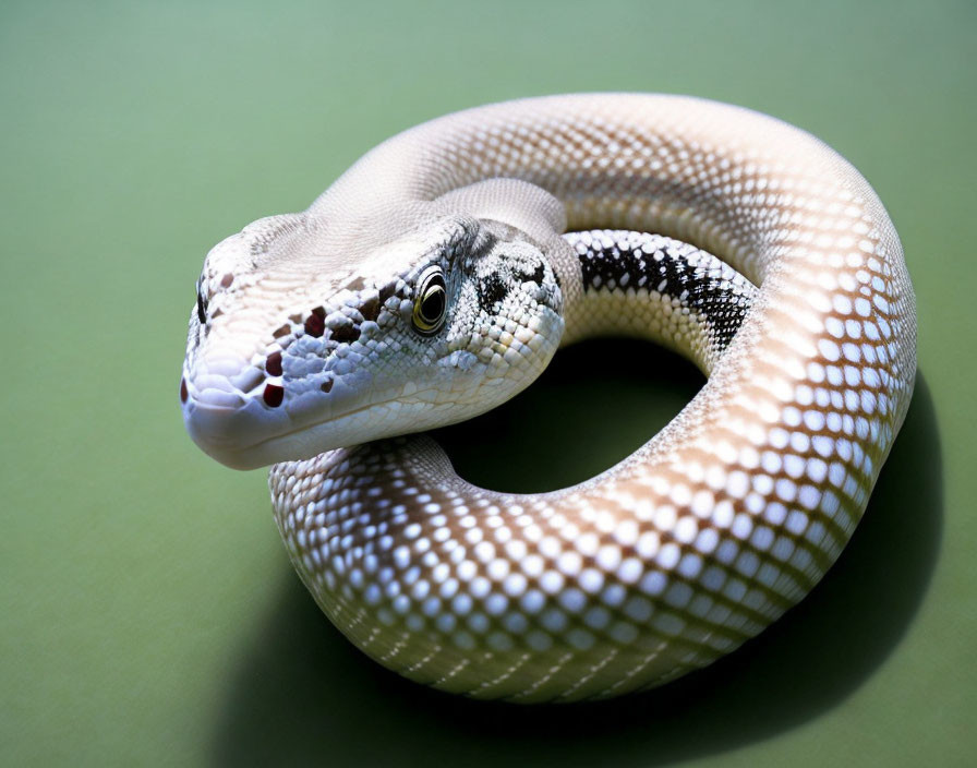 California Kingsnake with Black Eyes and Intricate White-Light Brown Pattern on Green Background