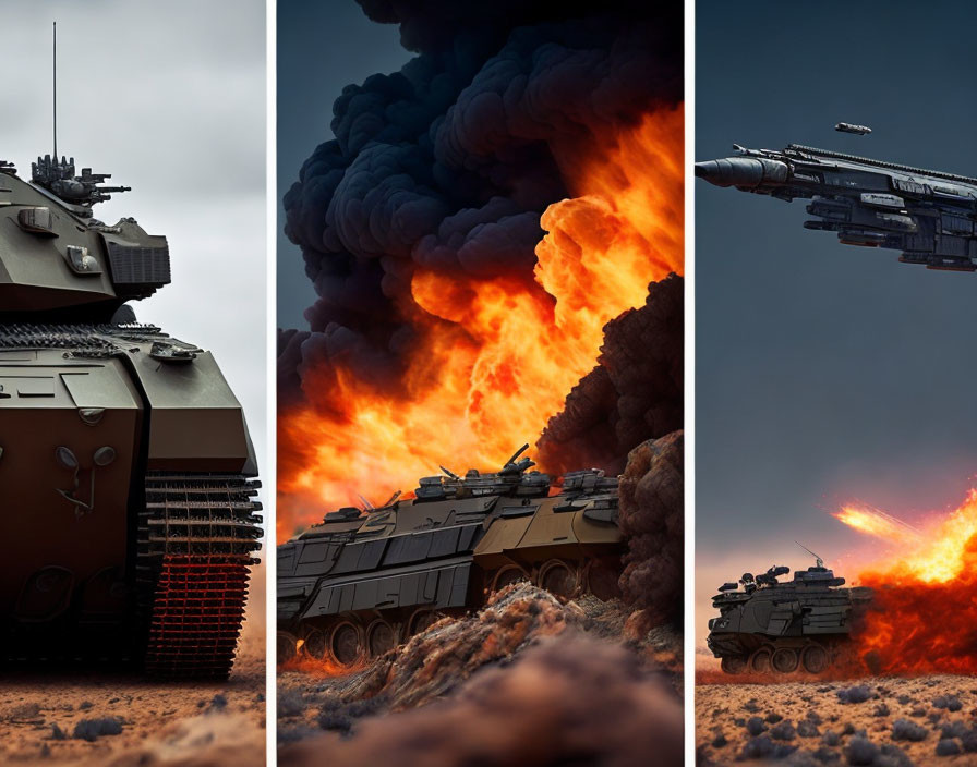 Military tanks in action with fire and smoke - Triptych of dramatic battlefield scenes