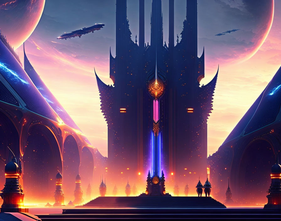 Futuristic citadel with towering spires and glowing accents under twilight sky