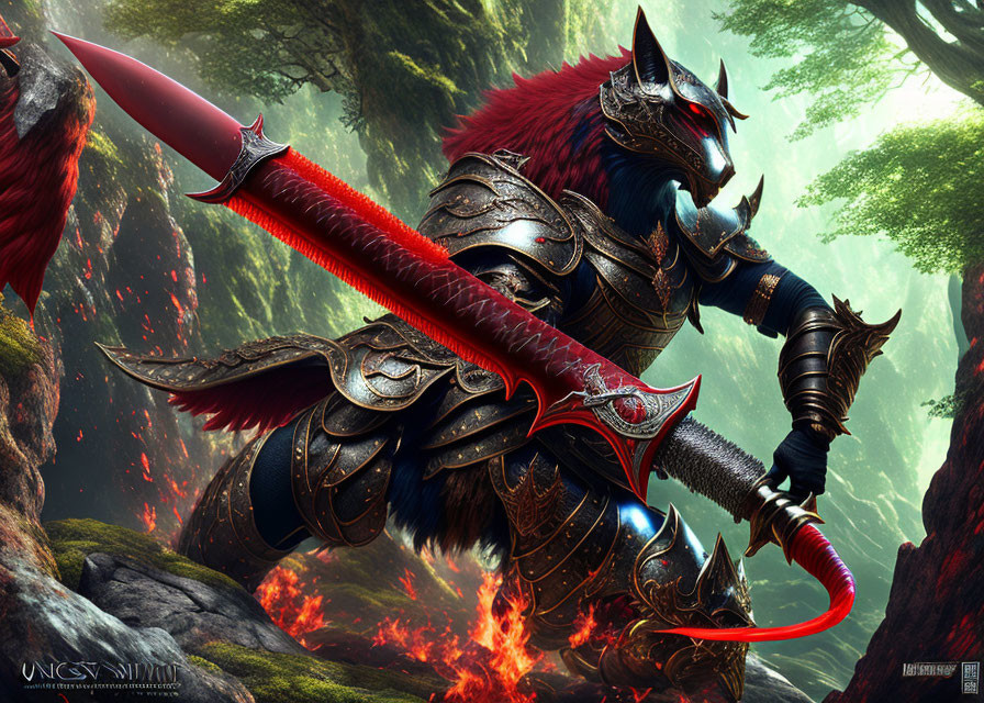 Armored anthropomorphic wolf with red sword in mystical forest