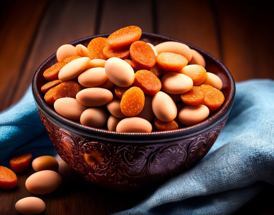 Colorful Oval-Shaped Sugared Almonds on Wooden Surface with Blue Cloth