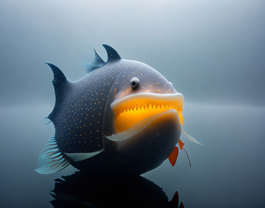 Blue and Orange Fish with Large Head in Misty Background