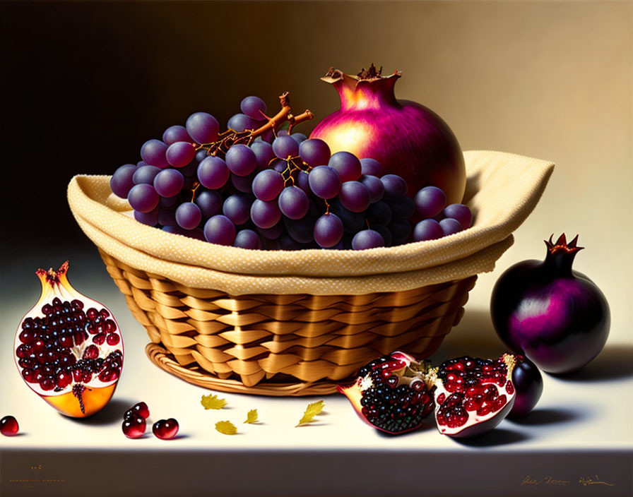 Classic Still Life Painting with Grapes, Pomegranates, and Wicker Basket