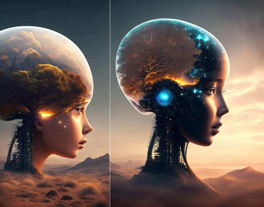 Digital artwork: Two youths with split heads - tree & circuit design - desert backdrop