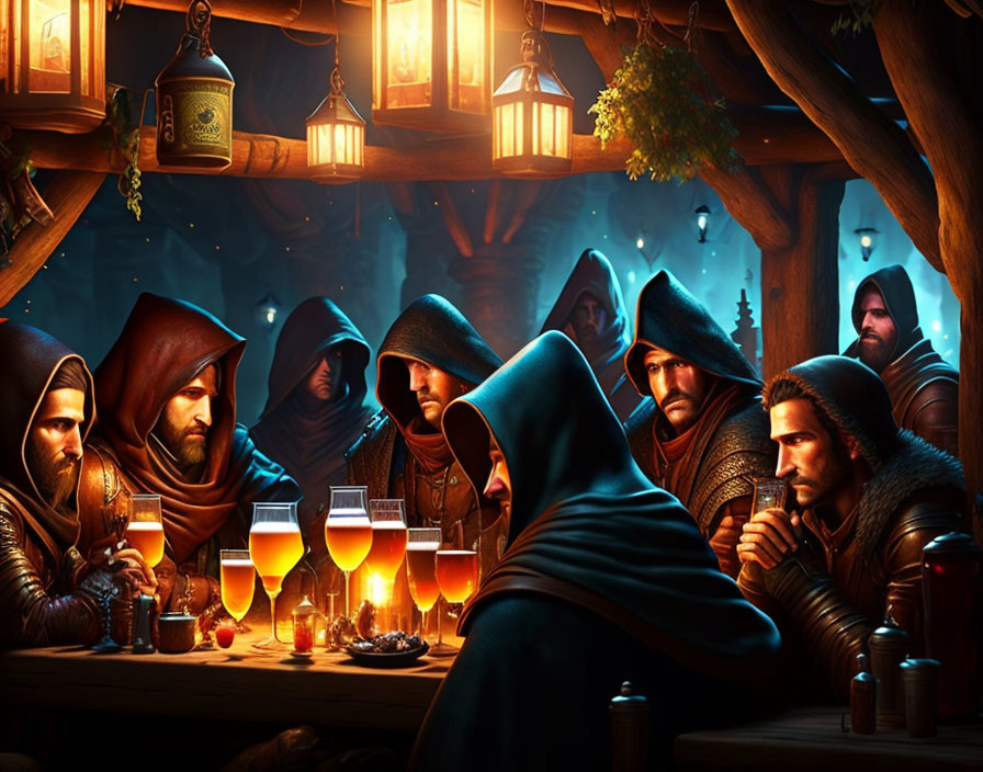 Cloaked figures in secretive meeting at rustic tavern