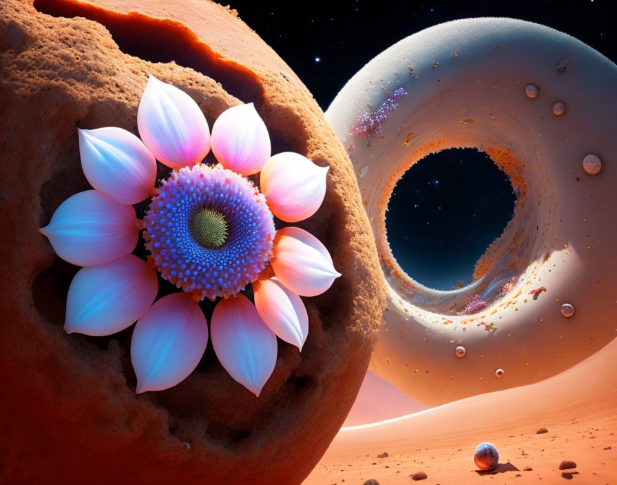 Colorful flower blooms on rocky surface in surreal space scene