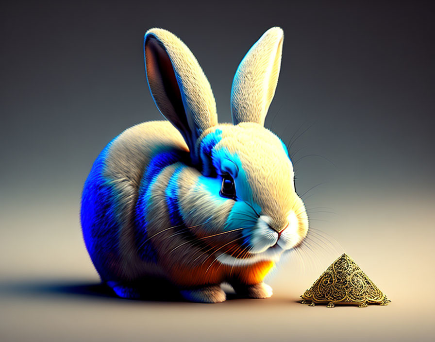 Colorful Digital Artwork of Plump Rabbit Beside Pyramid