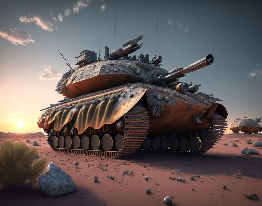 Armored tank with multiple cannons in desert sunset