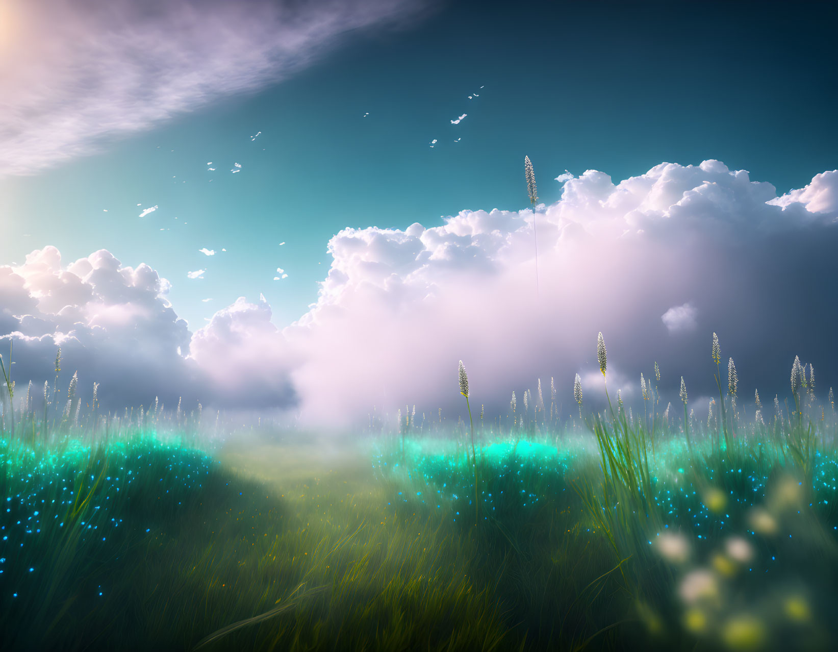 Tranquil meadow with tall grass and blue lights under fluffy sky