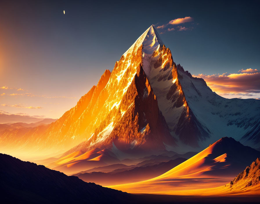 Majestic mountain peak at sunset with moon in sky