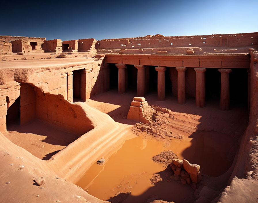 Ancient ruins with submerged columns under clear blue sky