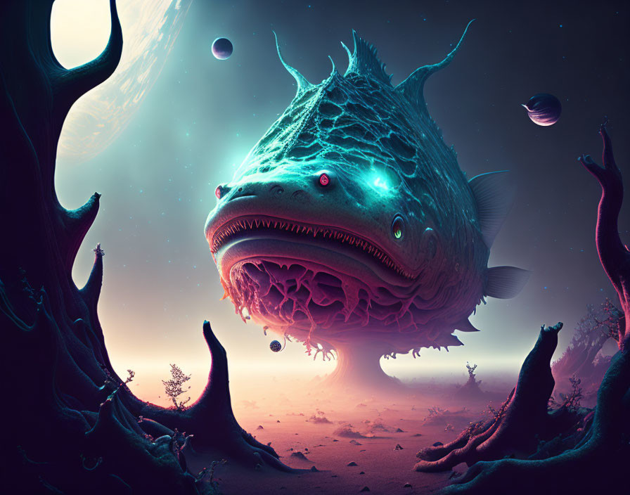 Surreal alien landscape with gigantic fish-like creature and celestial backdrop