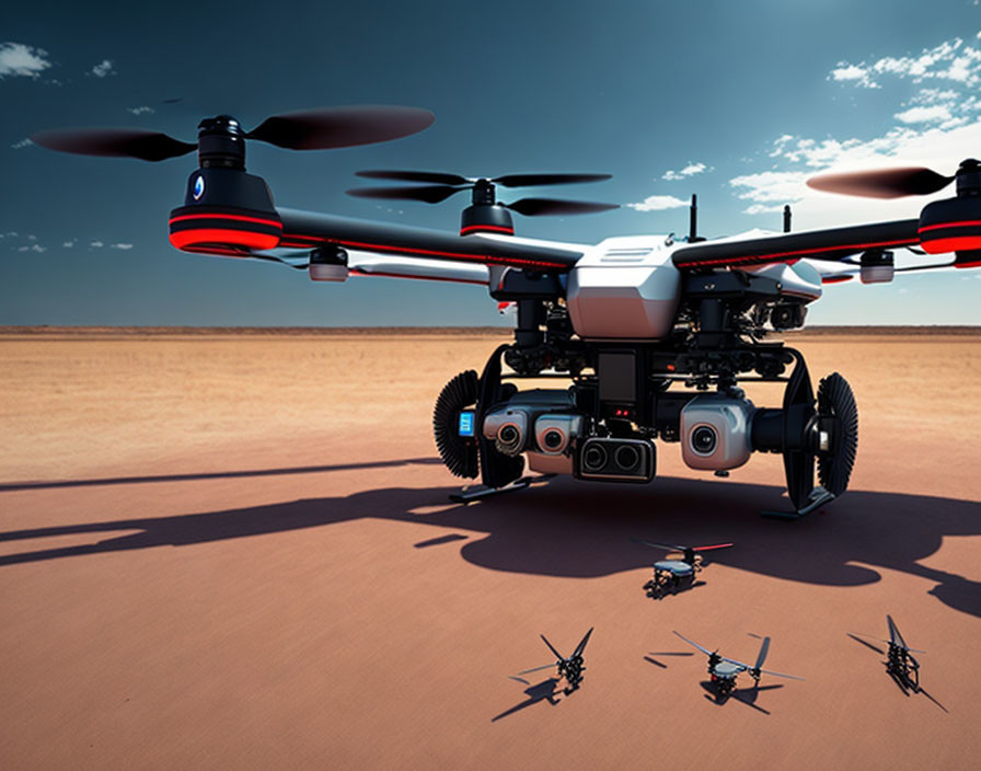 Multiple cameras on large drone hover above desert with smaller drones under clear blue sky