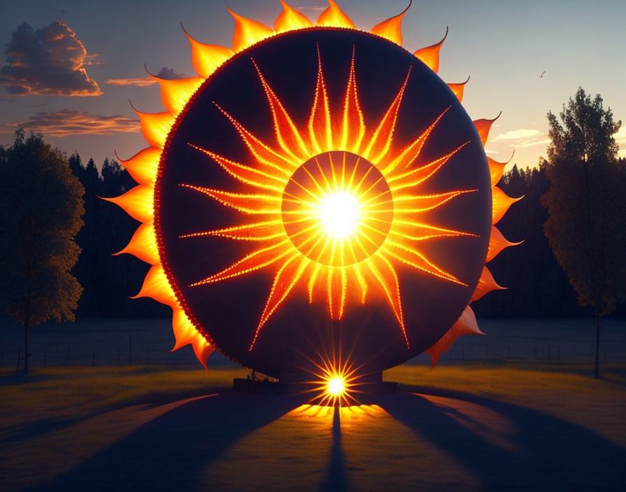 Ornate sun-like sculpture shines in park at sunset