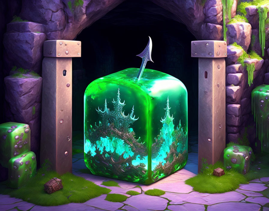 Green Cube with Sword in Enchanted Archway Setting