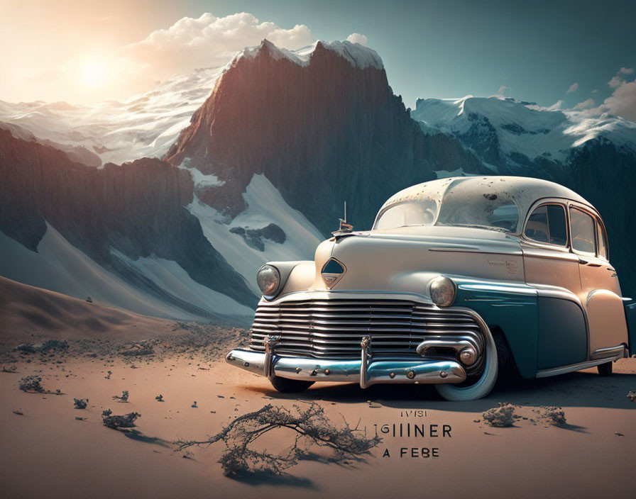 Vintage Car Parked in Desert with Snow-Capped Mountains at Sunset