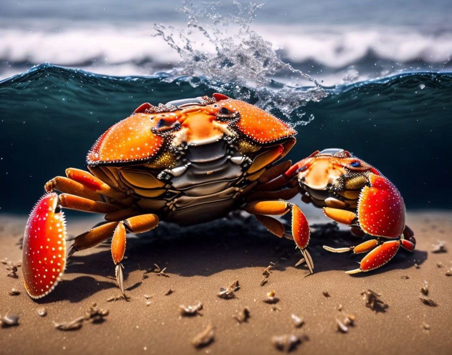 Vivid red crab with speckled claws on sandy shore with splashing water