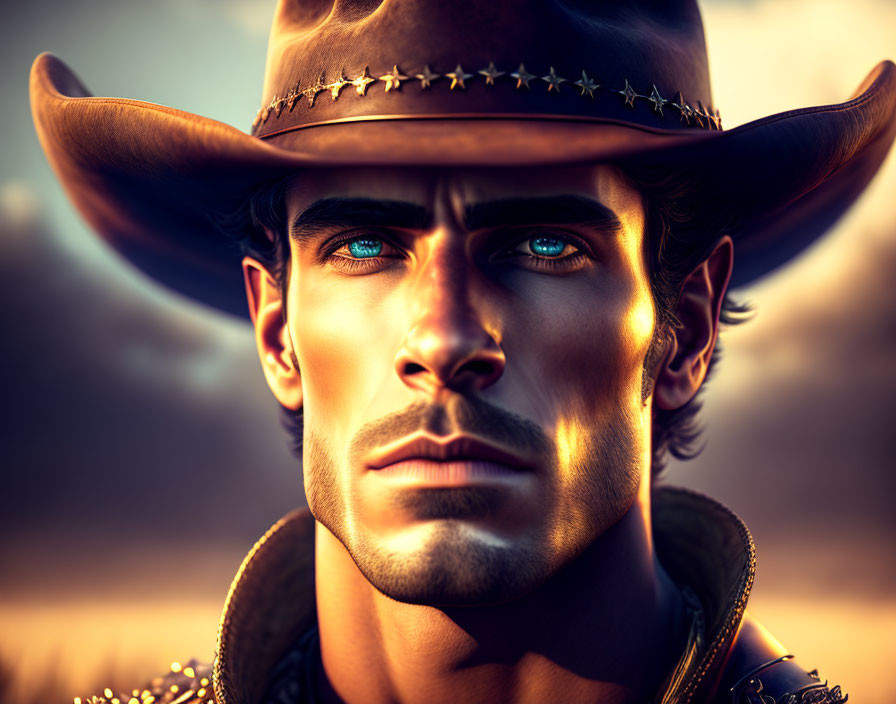 Stylized man with cowboy hat and blue eyes on golden backdrop