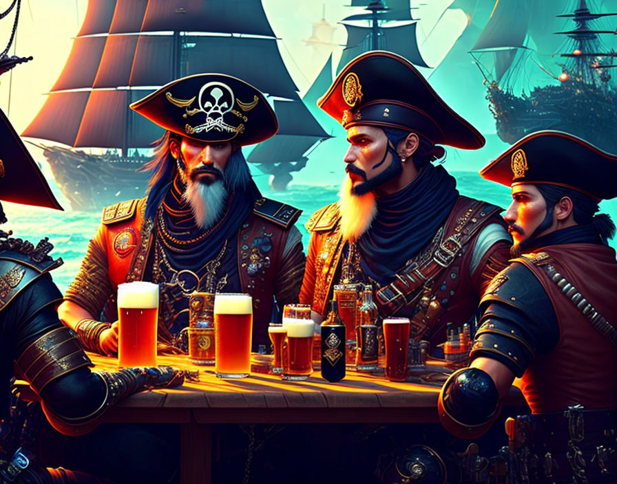 Three pirates drinking with classic ships at sunset