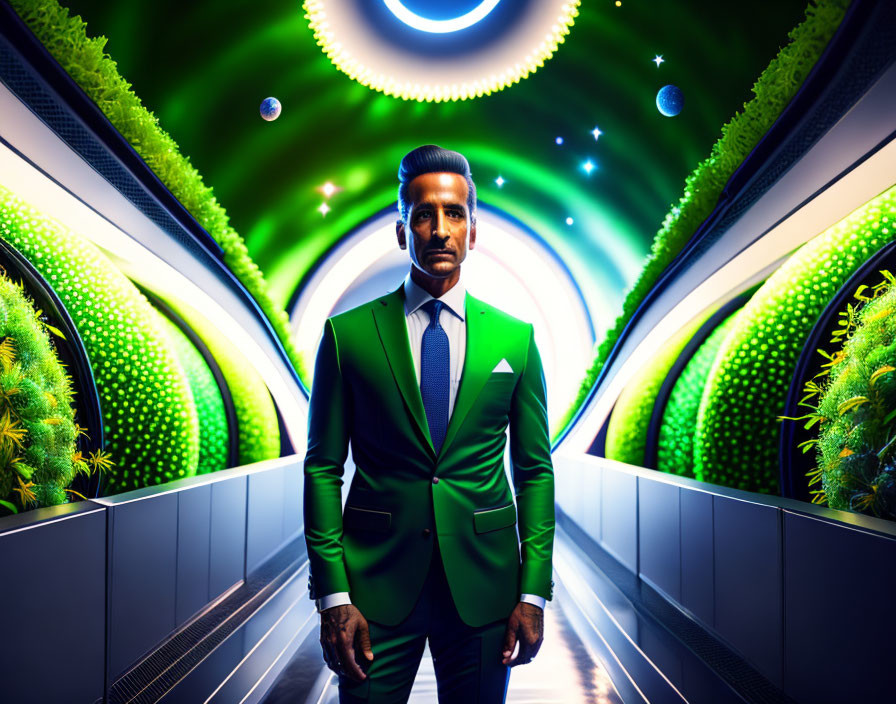 Confident man in green suit in futuristic corridor with floating spheres