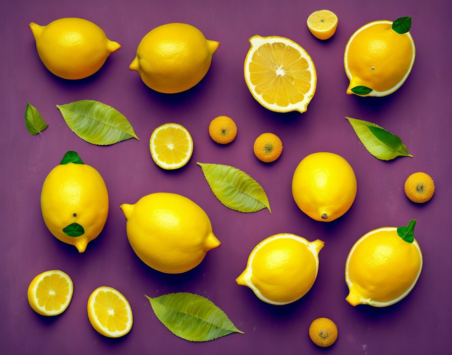 Vibrant yellow lemons and halves with green leaves on purple background