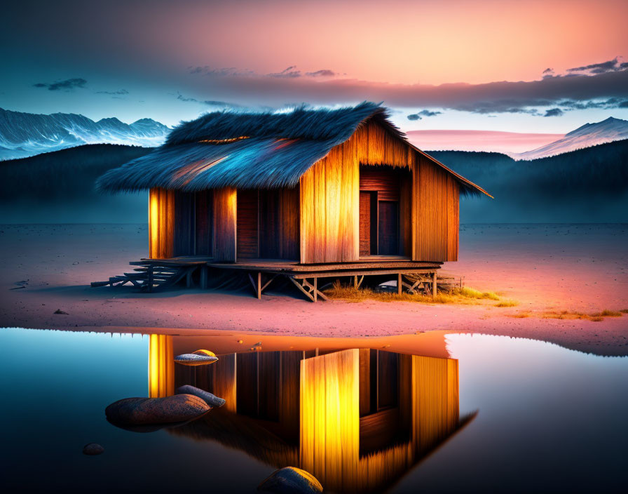 Rustic lakeside wooden hut at sunset with mountain backdrop