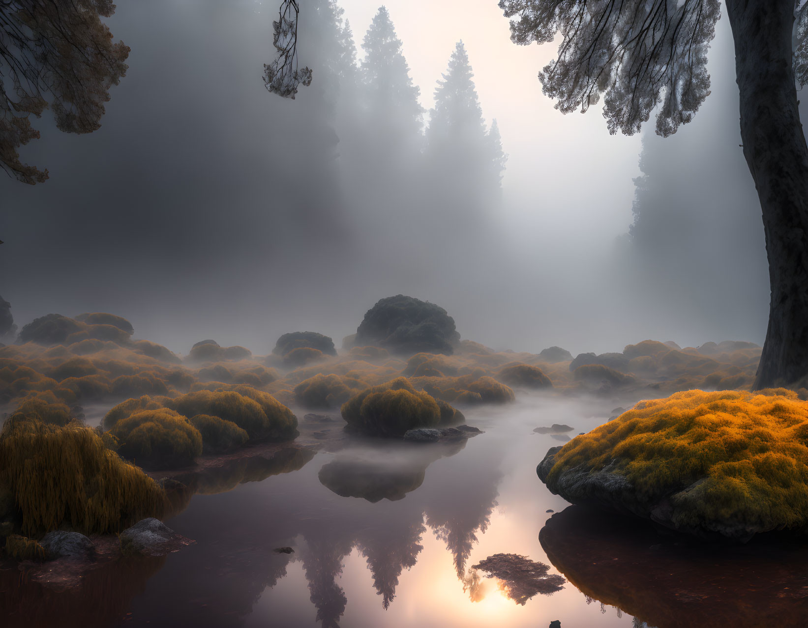 Tranquil misty forest scene with sunlit rocks and silhouetted trees