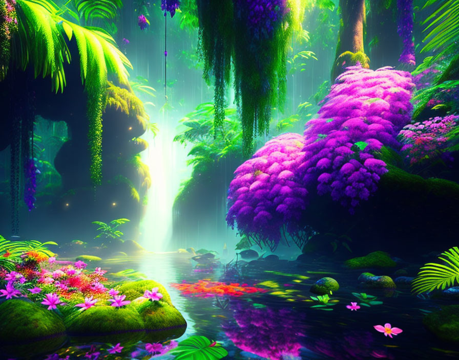 Lush Fantasy Jungle with Purple Foliage and Tranquil Pond