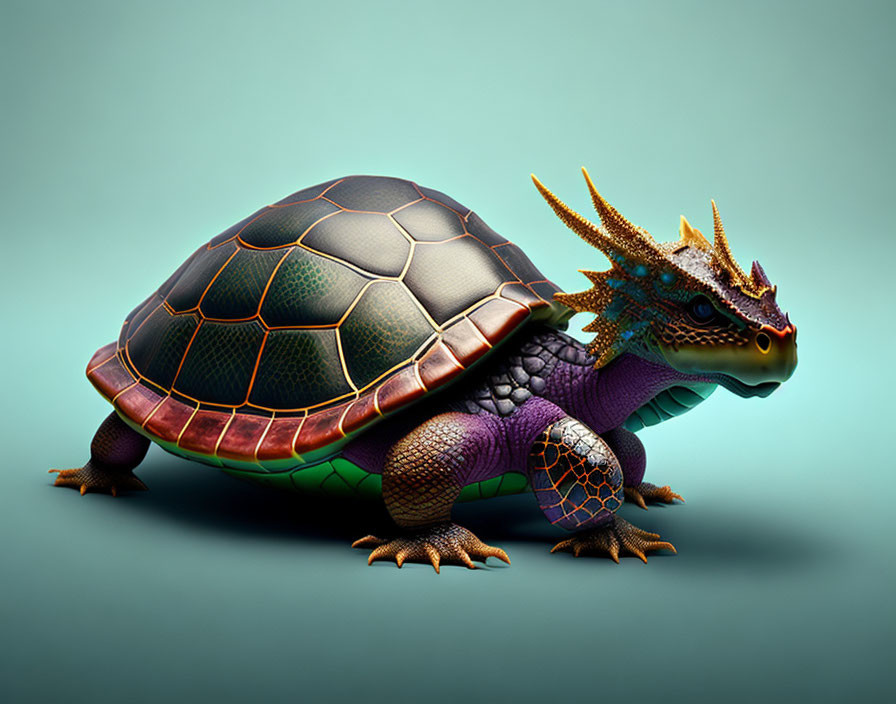 Fantastical creature: Tortoise-Dragon fusion with detailed scales and horns on teal background