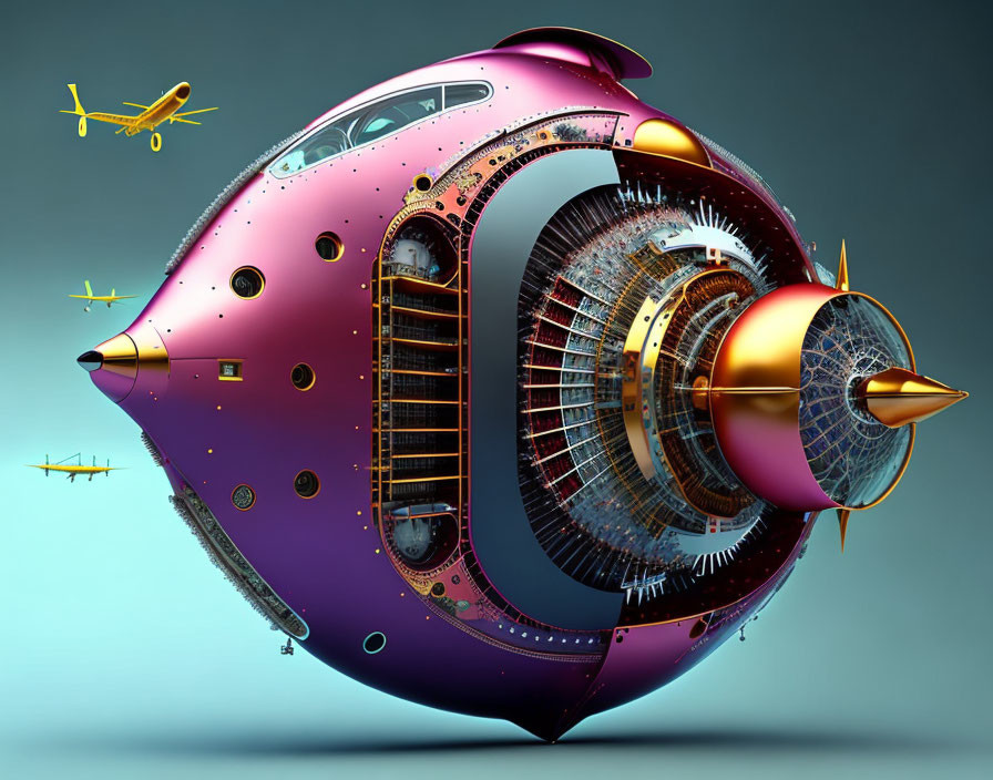 Colorful futuristic submarine with intricate engine on teal background surrounded by stylized airplanes