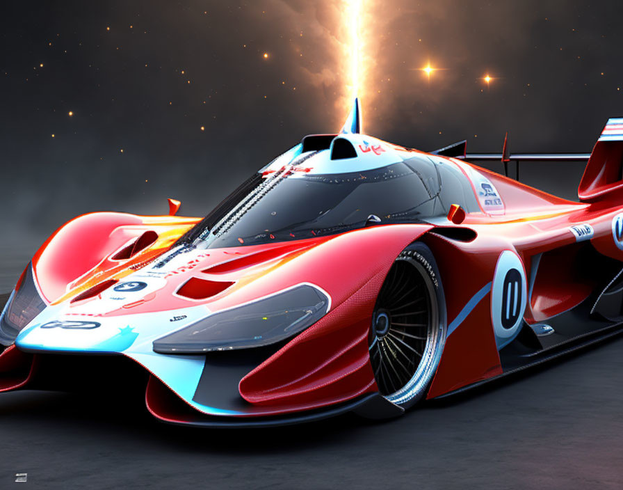 Sleek red and white futuristic race car on starry background