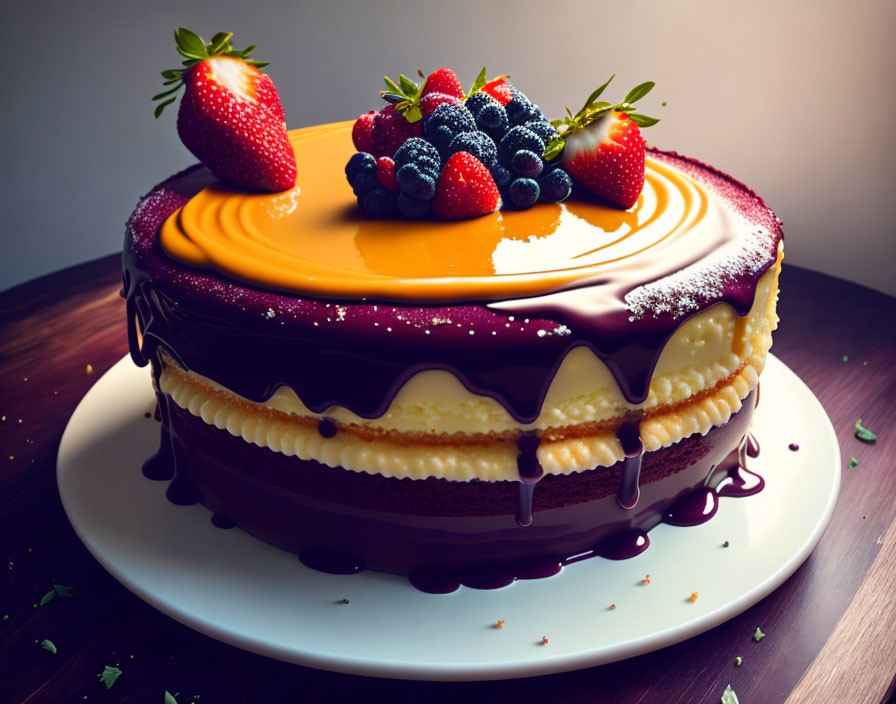 Layered Cake with Chocolate Ganache, Caramel, and Berries on White Plate