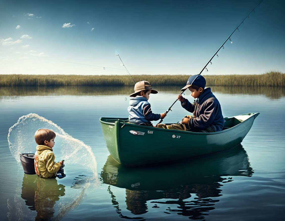 Children fishing from canoe on calm waters with toddler splashing nearby