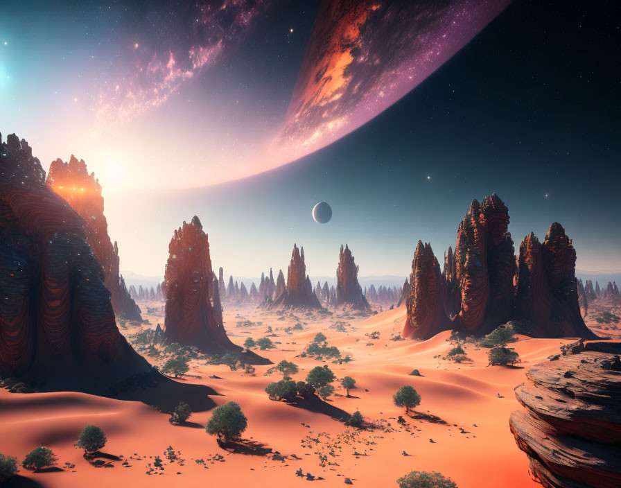 Alien landscape with towering rock formations and large planet in sky