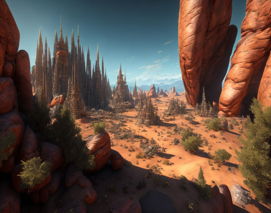 Desert landscape with rock formations and distant castle under blue sky