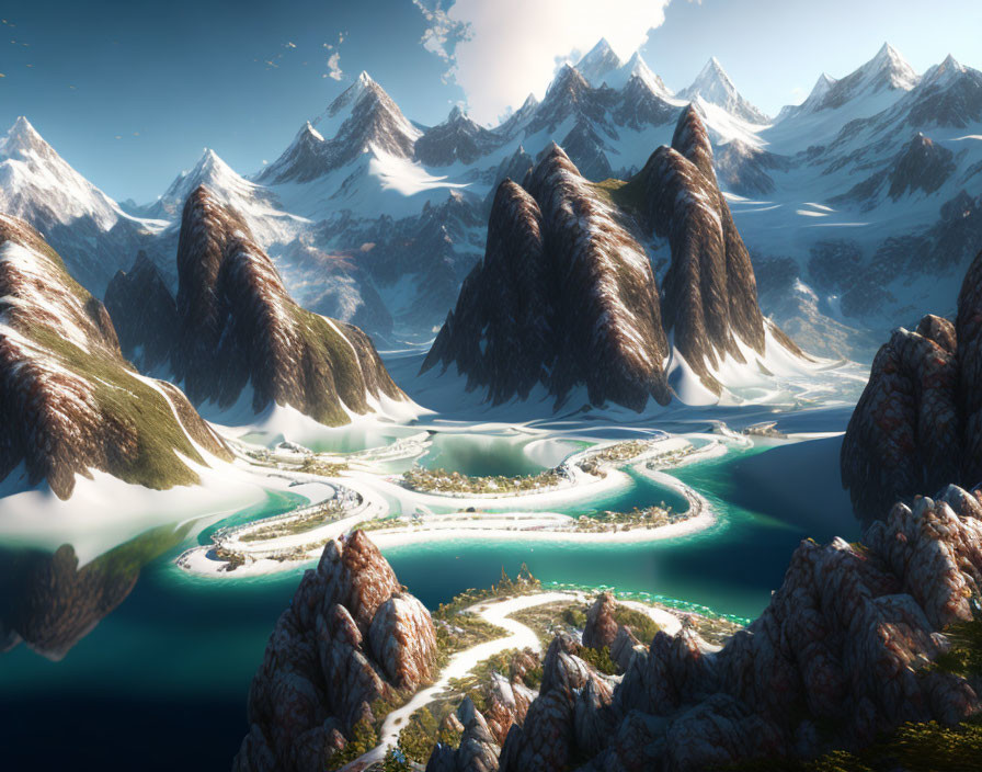 Snow-capped peaks and winding river in serene landscape