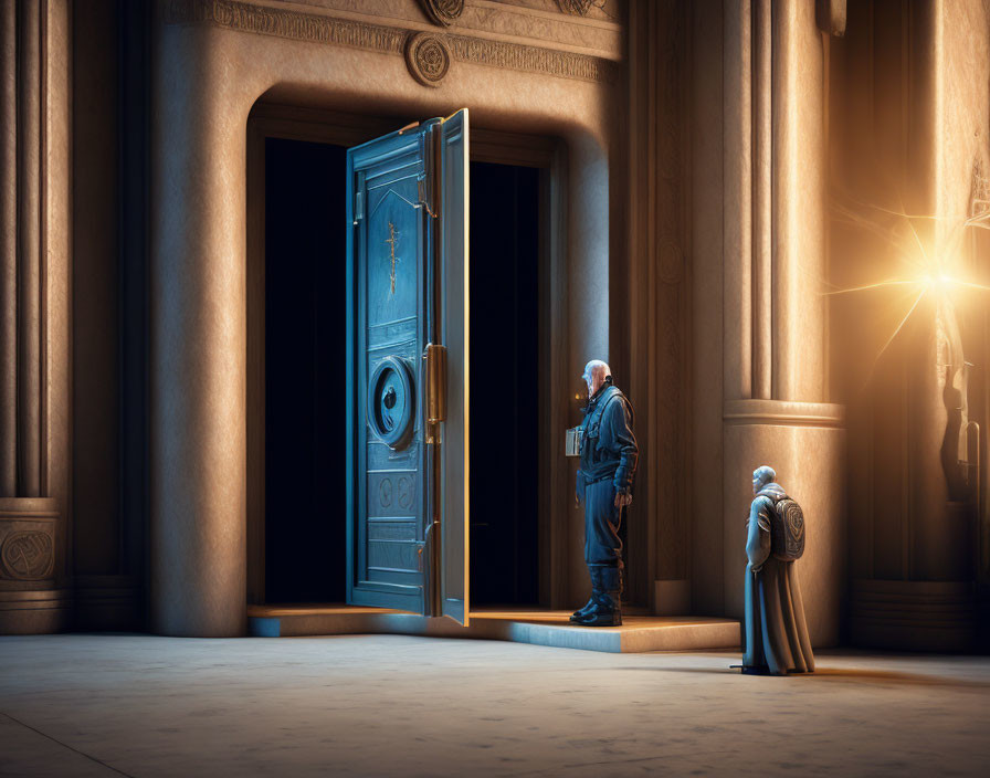 Futuristic individuals at grand vault door in ornate chamber