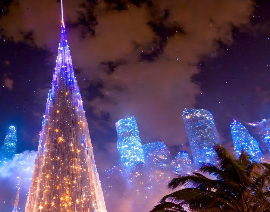 Vibrant night cityscape with illuminated skyscrapers under purple sky